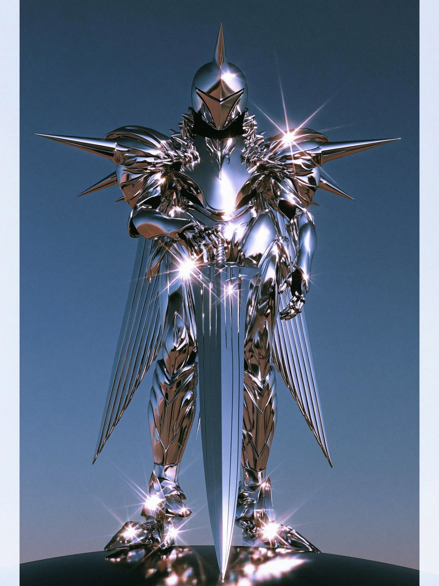A futuristic knight in full armor holding a sword, reflective and shiny, with spikes on the armor, set against a clear background.