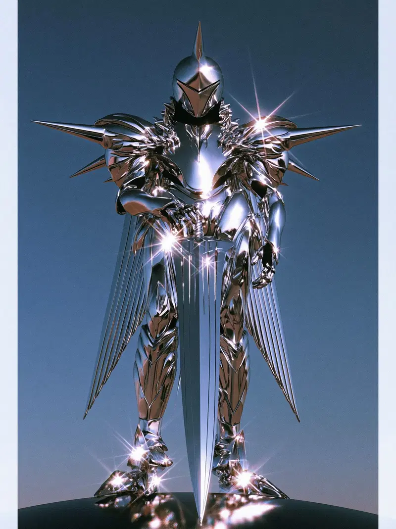 Futuristic Knight in Shiny Armor with a Sword