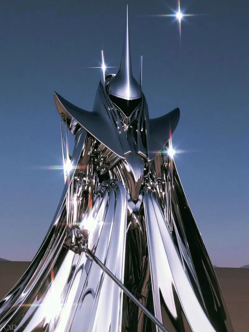 Futuristic Knight with a Shining Armor in a Desert Landscape