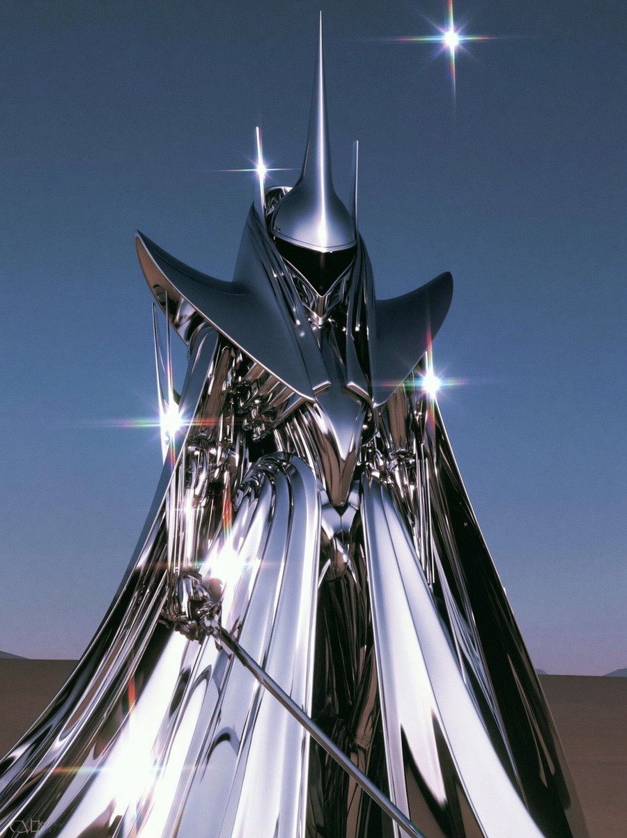 A full figure shot of a knight in polished, reflective armor with a pointed helmet, standing in a desert environment under a clear sky, illuminated by bright shining stars.