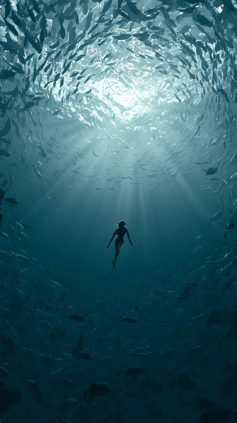 A Lady Swimming in the Deep Blue Sea Surrounded by Fish
