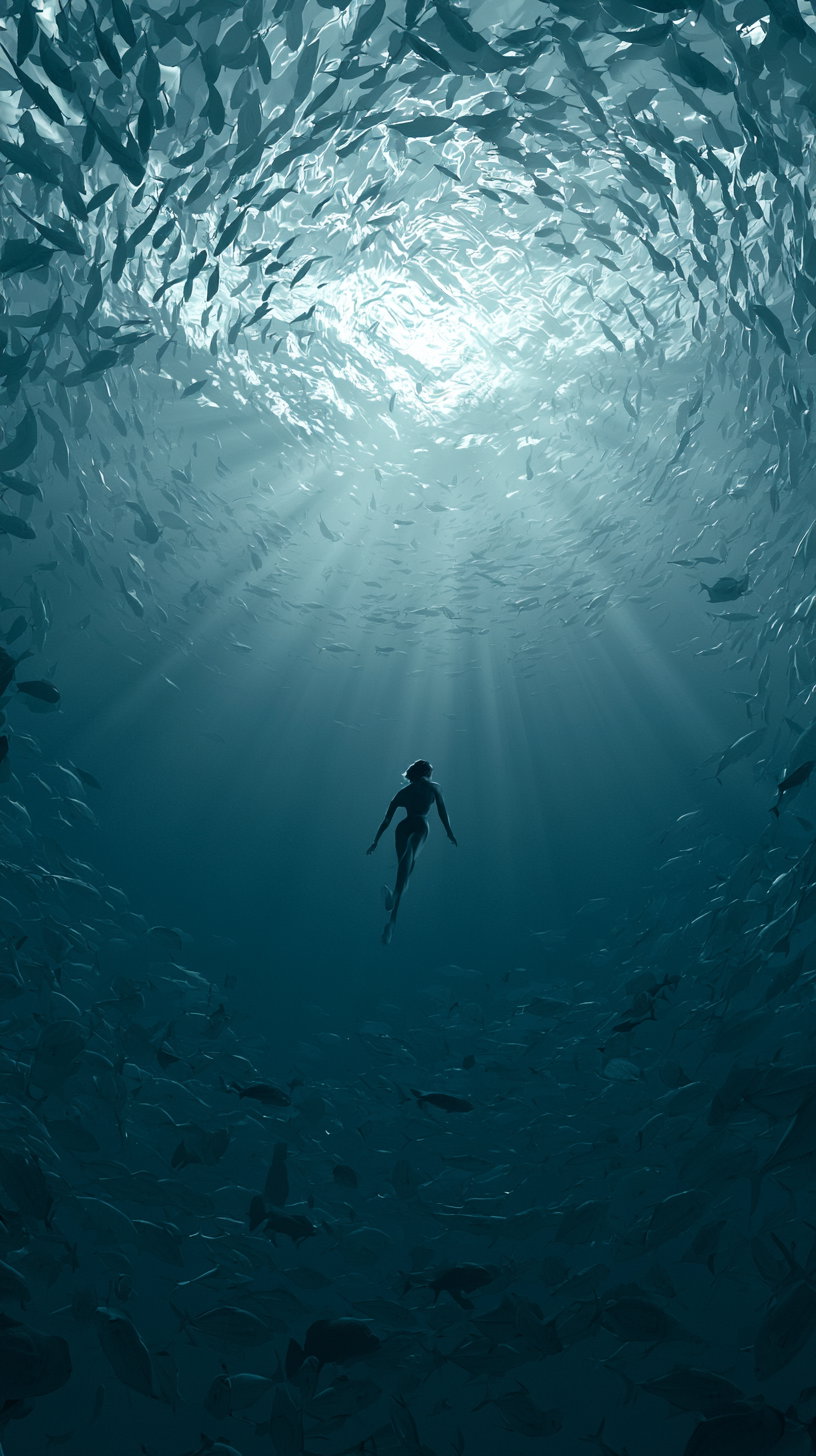 A silhouette of a lady swimming underwater with many fish around her, illuminated by sunlight from above.