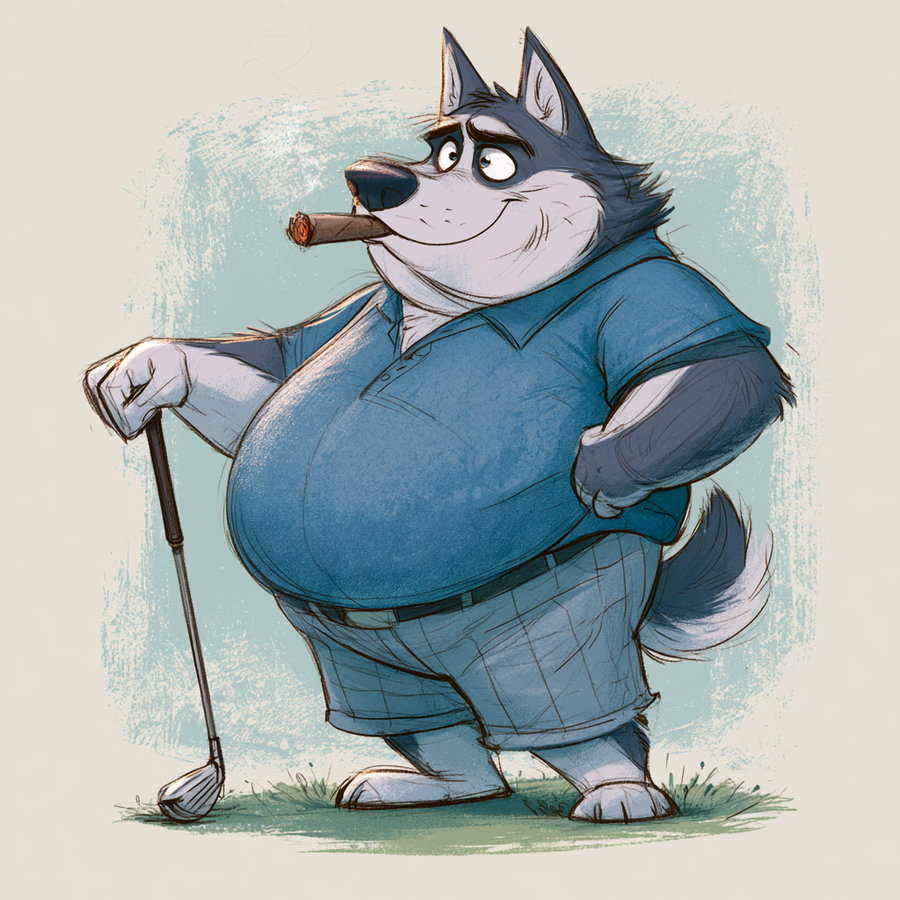 A large overweight anthropomorphic husky wearing a blue golf shirt and shorts, holding a golf club in one hand and a cigar in the other.