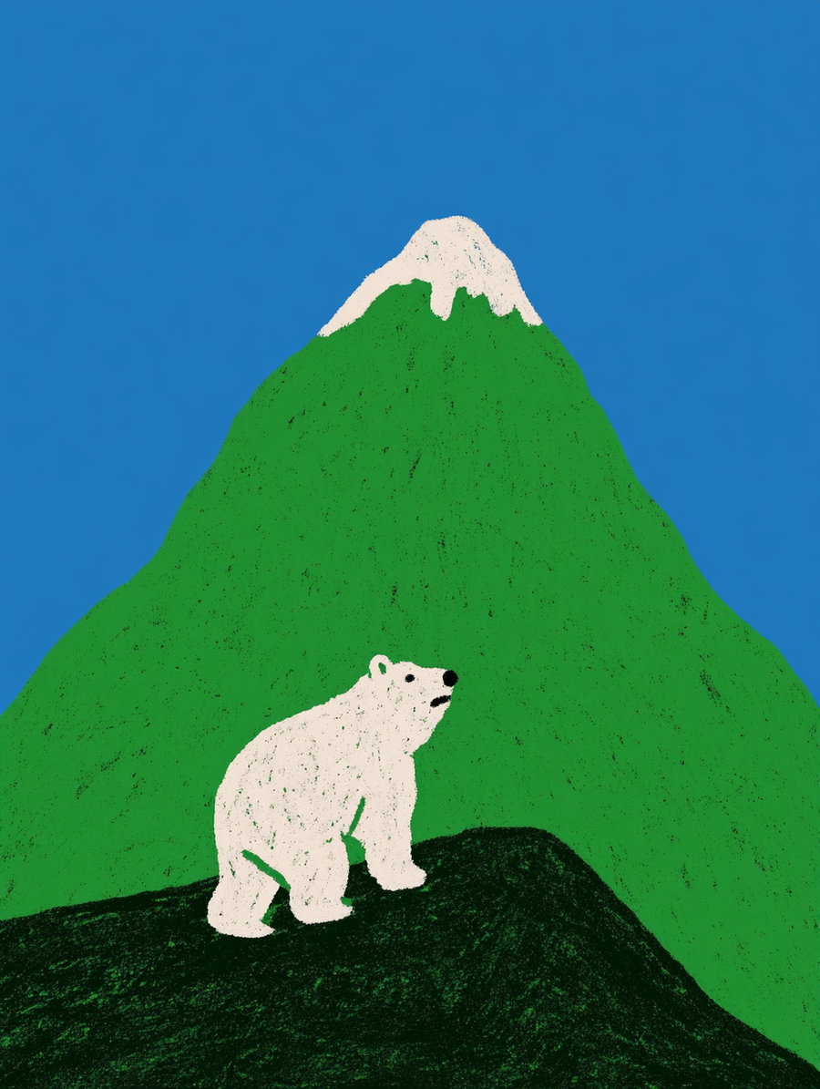 A cute bear standing on a rocky surface with a green mountain in the background, topped with snow, under a bright blue sky.