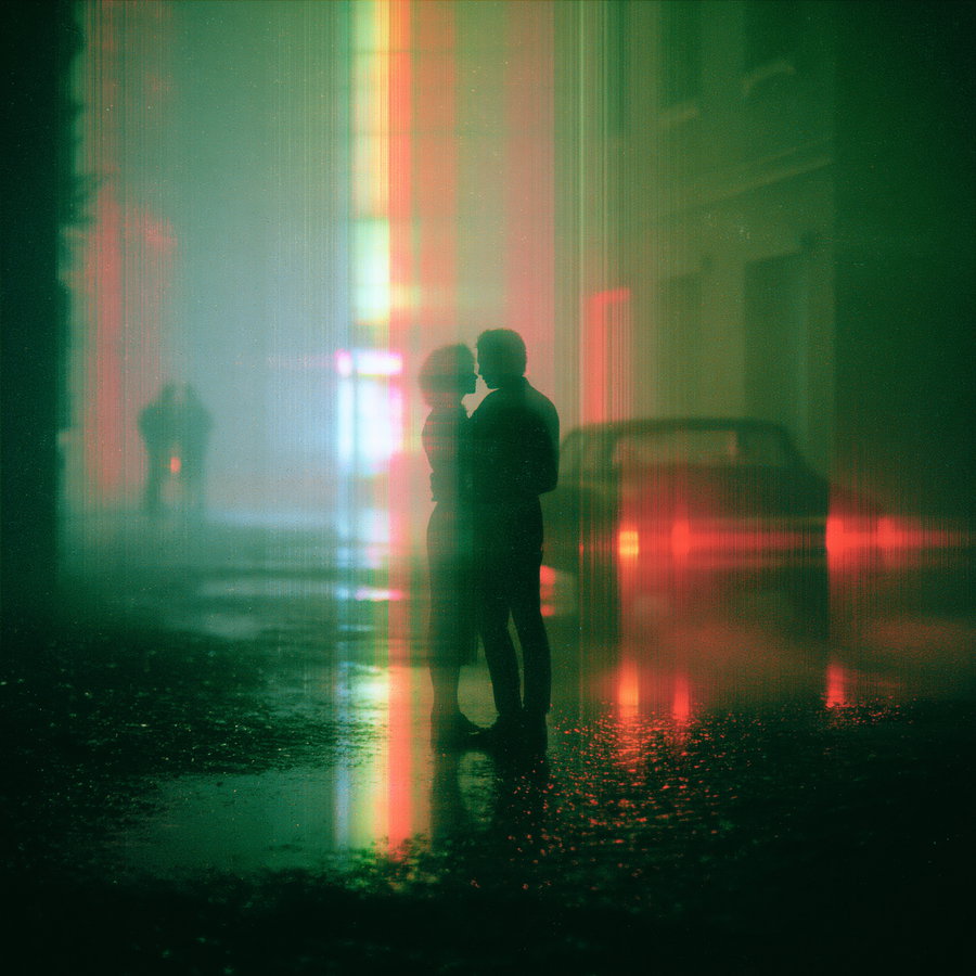 A silhouette of a couple embracing in a rainy city under neon lights, with reflections on the wet pavement and a dreamy atmosphere.