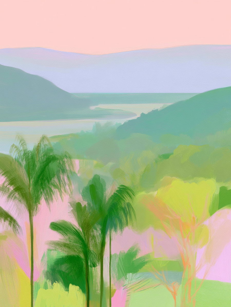 A panoramic view of a lush tropical landscape featuring tall palm trees swaying, a serene body of water winding through rolling hills, and soft atmospheric haze in the distance, all bathed in warm sunlight with rich natural colors.