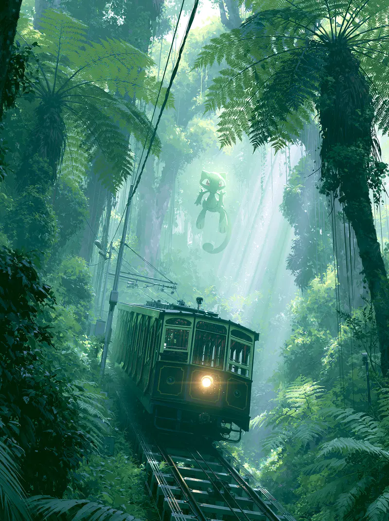 Digital painting of a funicular railway amidst lush Penang Hill greenery