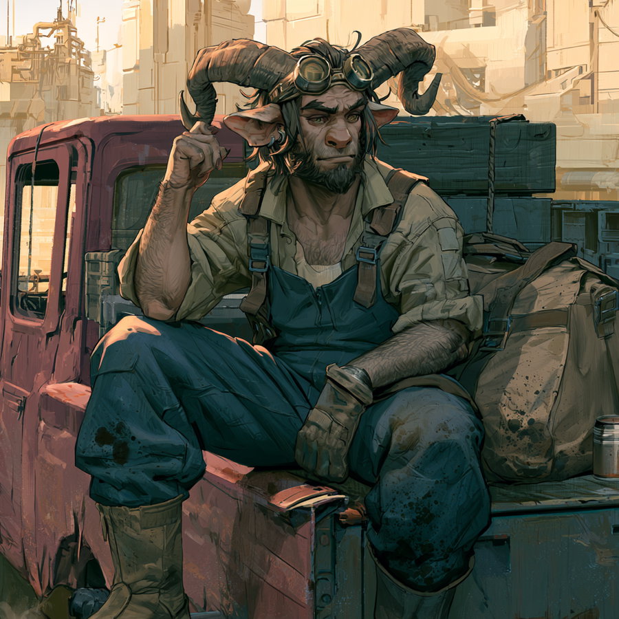 A male satyr with horns wearing coveralls, sitting on the back of a truck with a duffel bag stained with oil. The background is a futuristic cityscape.