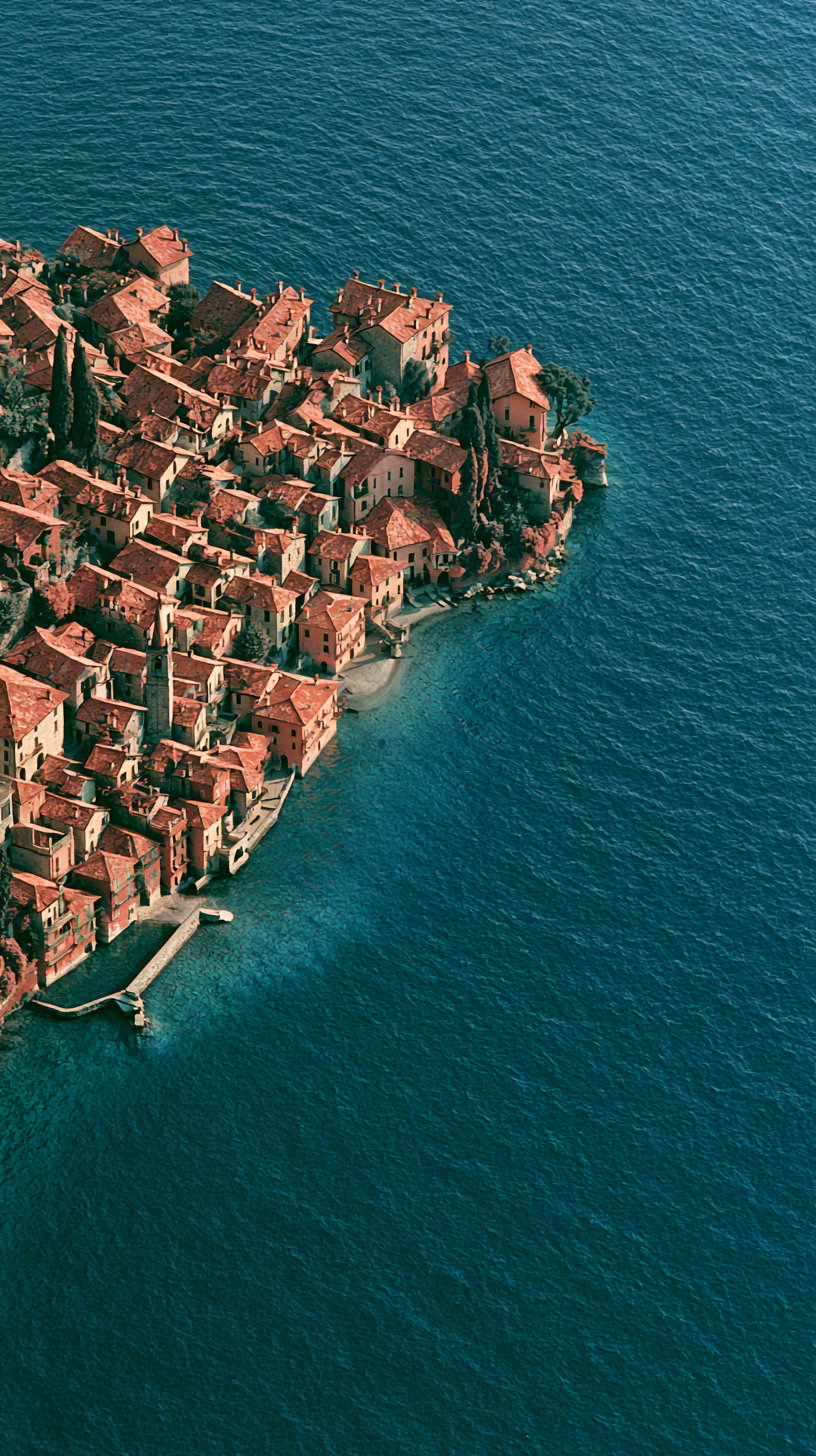 An aerial view of a miniature lakeside town with faded vermillion rooftops clustered by a vast deep cobalt blue lake, evoking a dreamlike quality.