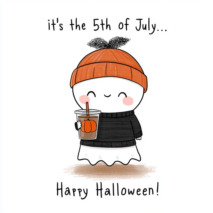 A minimalist cartoon of a friendly ghost with a white body, pink cheeks, and a smiling face, wearing an orange beanie and a black sweater. The ghost holds a clear cup with a brown drink and a pumpkin illustration, with handwritten text above and below.