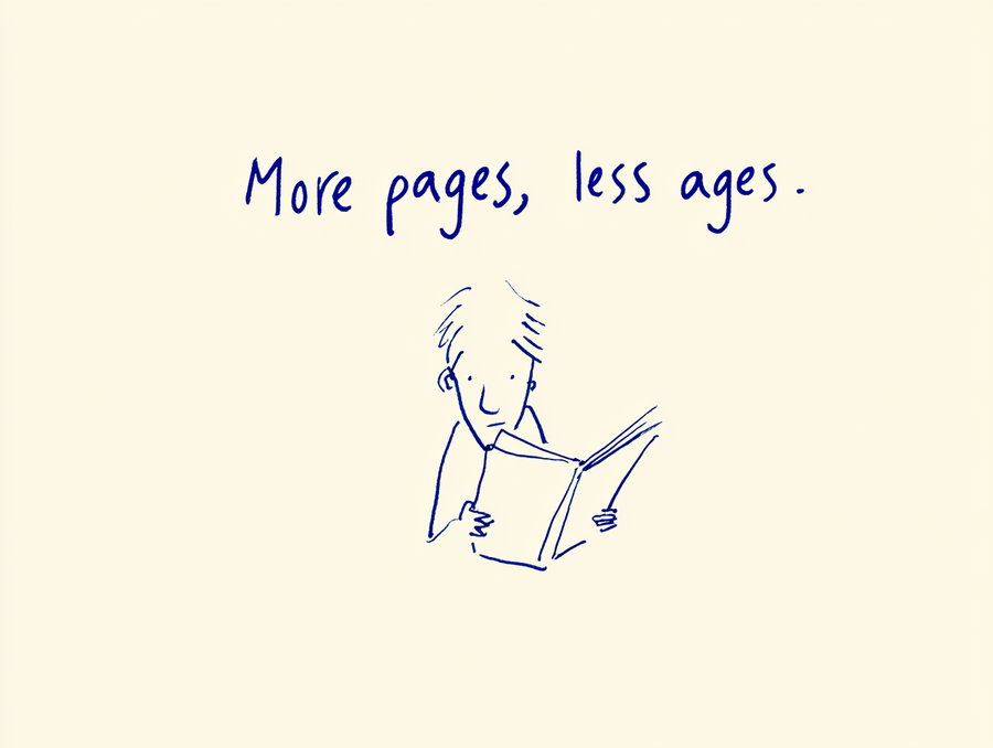 A hand-drawn blue doodle of a young man reading a book on cream paper, with handwritten text above saying 'More pages, less ages.'
