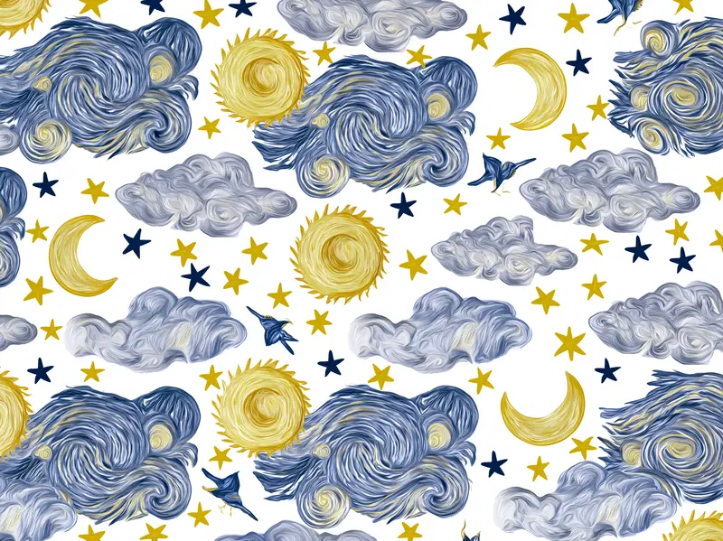 Impasto Clouds, Suns, Stars, and Moons Painting on White Background