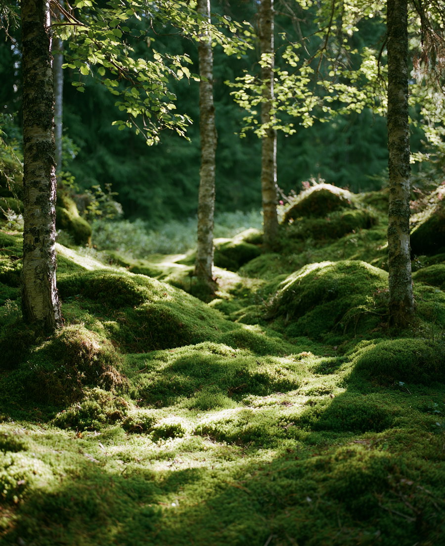 A peaceful forest setting with light barked trees and green leaves, a moss-covered floor with varied texture, illuminated spots from sunlight filtering through foliage, and tree trunks ascending vertically.