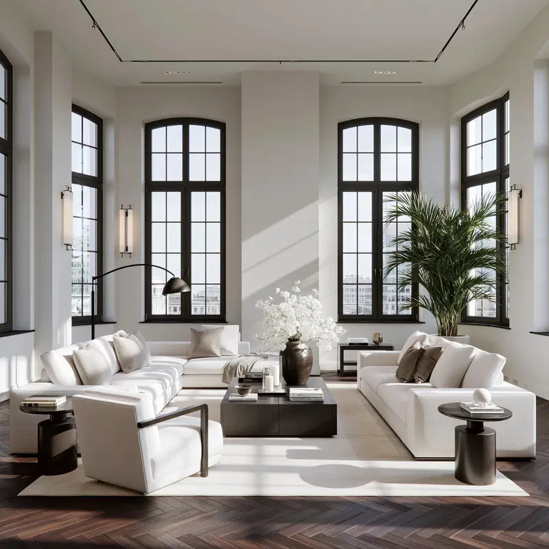 Stylish Penthouse Living Room with High Ceilings and Windows