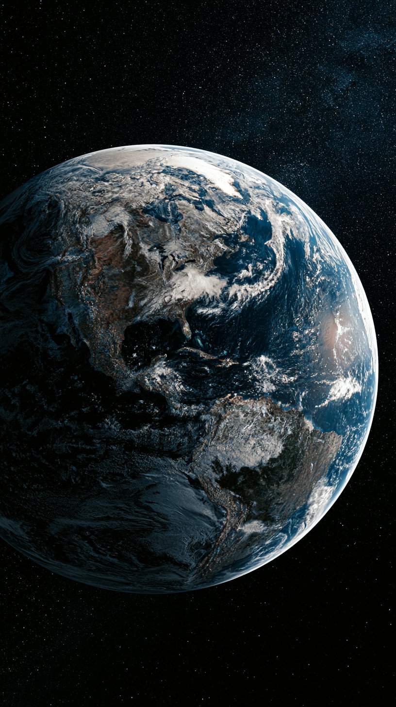 A photorealistic image of Earth from space, showcasing landmasses and oceans against a backdrop of stars.