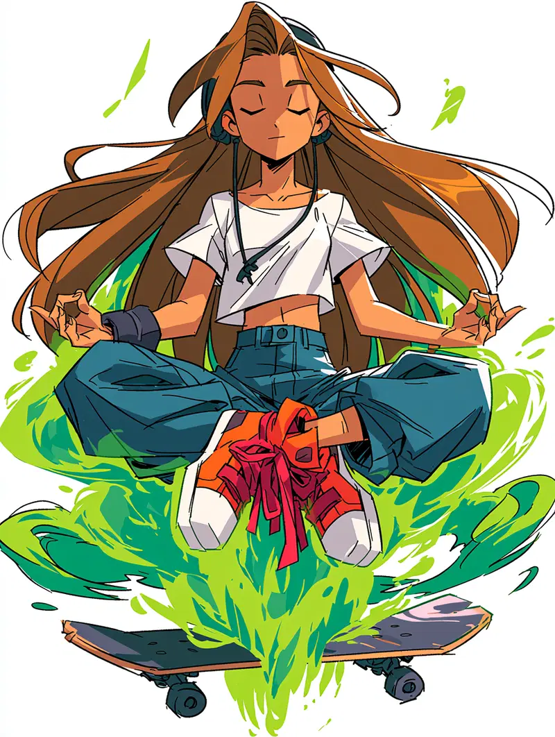 Aesthetic Anime Girl Meditating Above a Skateboard with Green Aura
