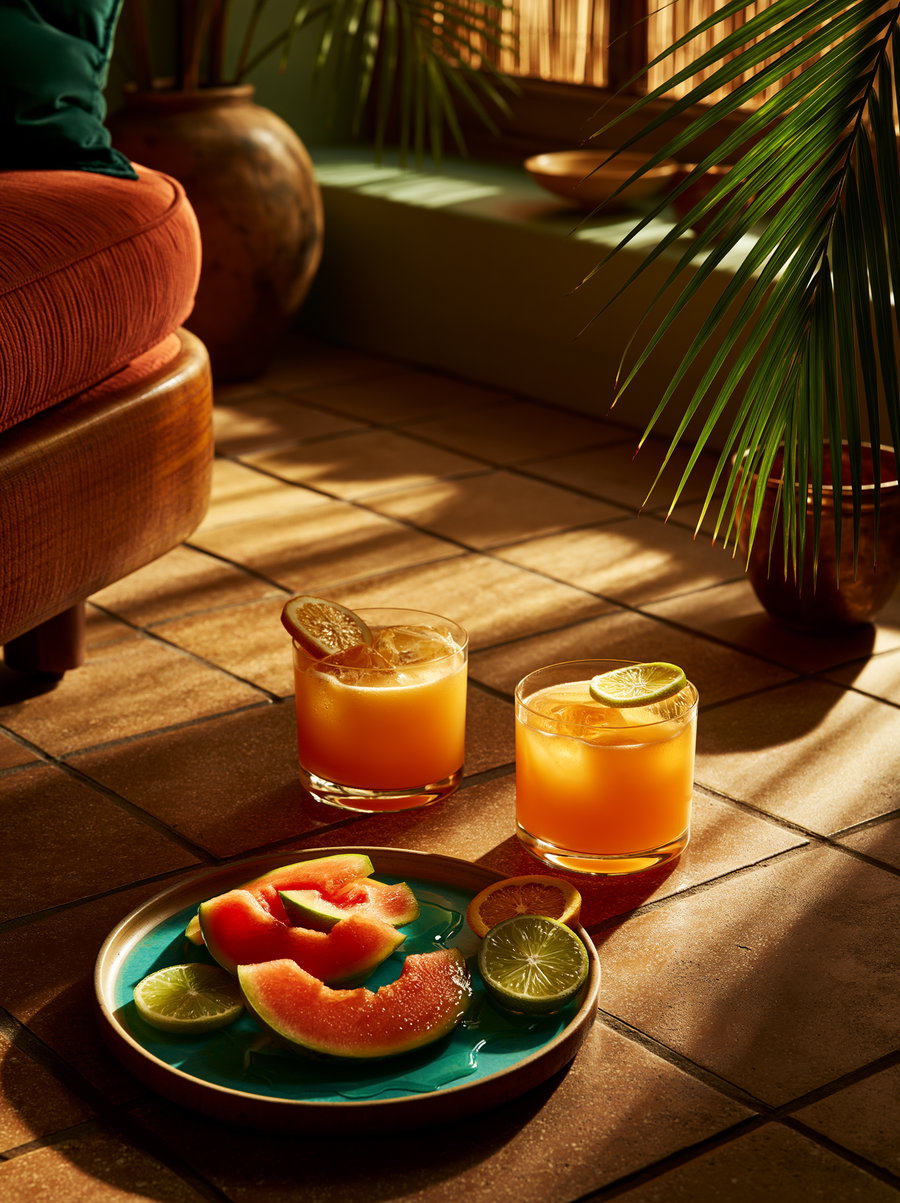 A platter of sliced honeydew melons accompanied by two cocktails with lemon slices on a tiled floor, surrounded by green plants and warm sunlight.