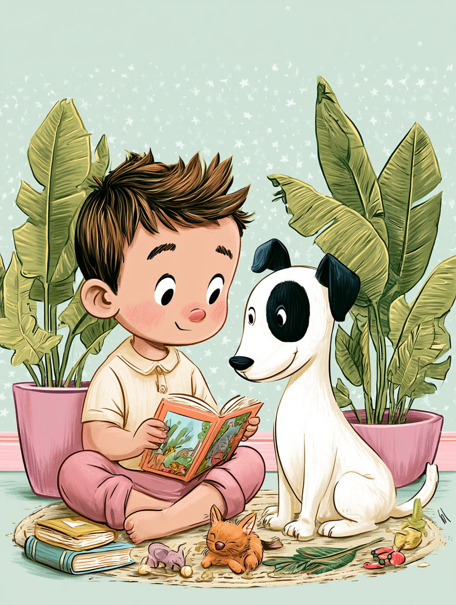 A toddler boy reading a colorful picture book to a friendly white dog with black patches, surrounded by toys and books, with soft mint-green wallpaper and green plants in the background.