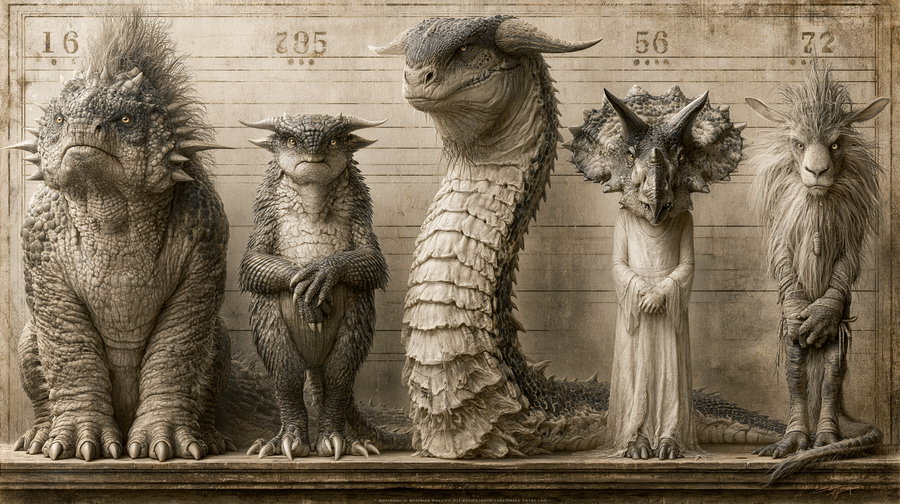 Five distinct fantastical monsters standing in a police lineup, each with unique features and expressions, looking into the camera.