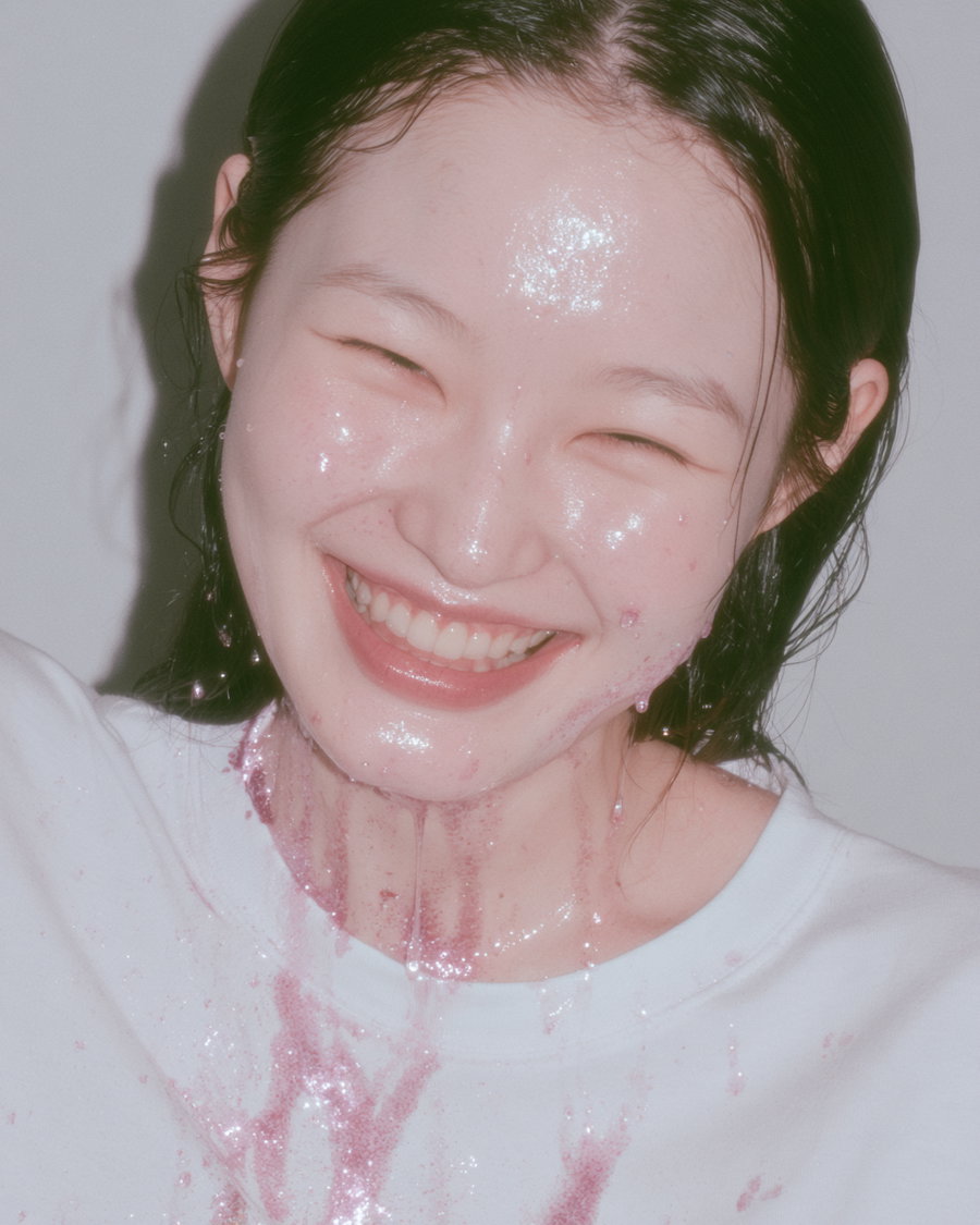 A young woman with a bright smile, wearing a white t-shirt, with shimmering pink glitter on her skin and collar, illuminated by soft natural light.