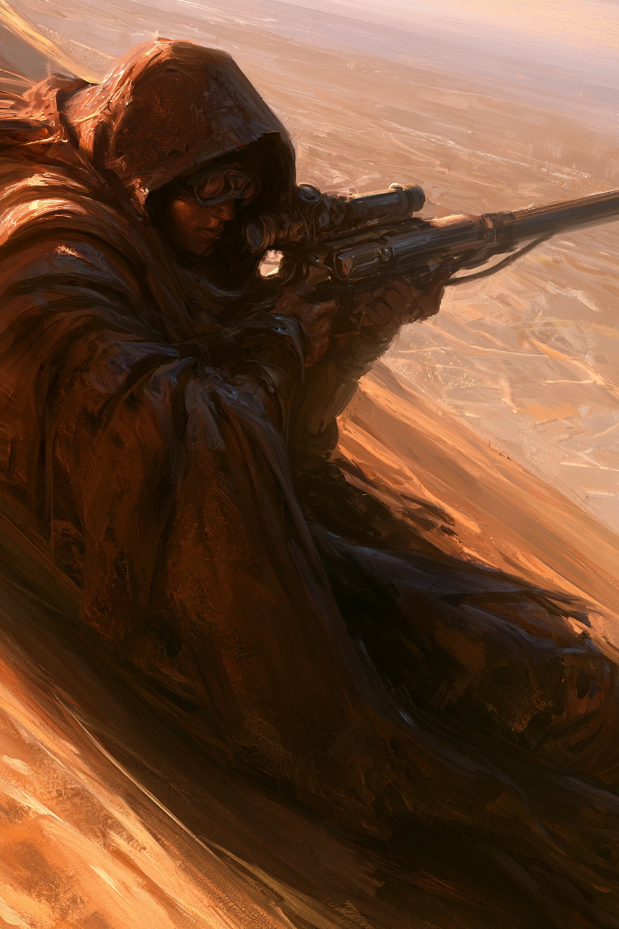A silhouetted figure in a worn brown cloak, prone on sandy dunes, aiming a sniper rifle towards a distant desert landscape, captured in warm tones and bold brushstrokes.
