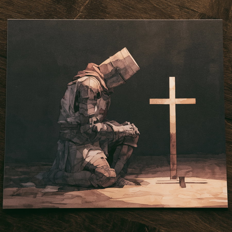 A minimalist watercolor illustration of a knight kneeling before a cross in the dark.