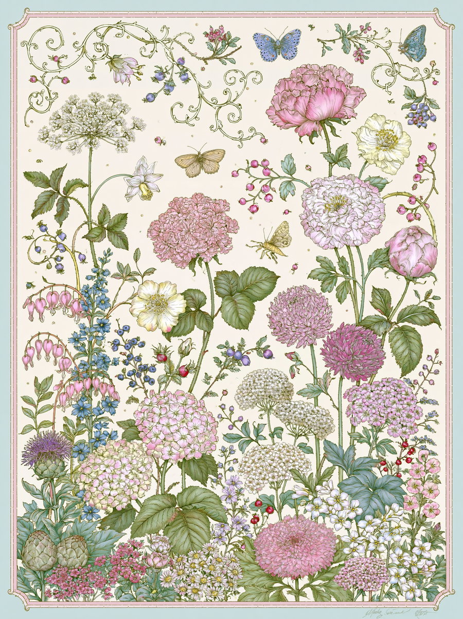A decorative canvas filled with various blooming flowers, lush greenery, curling vines, and butterflies, showcasing intricate layers and bright colors.