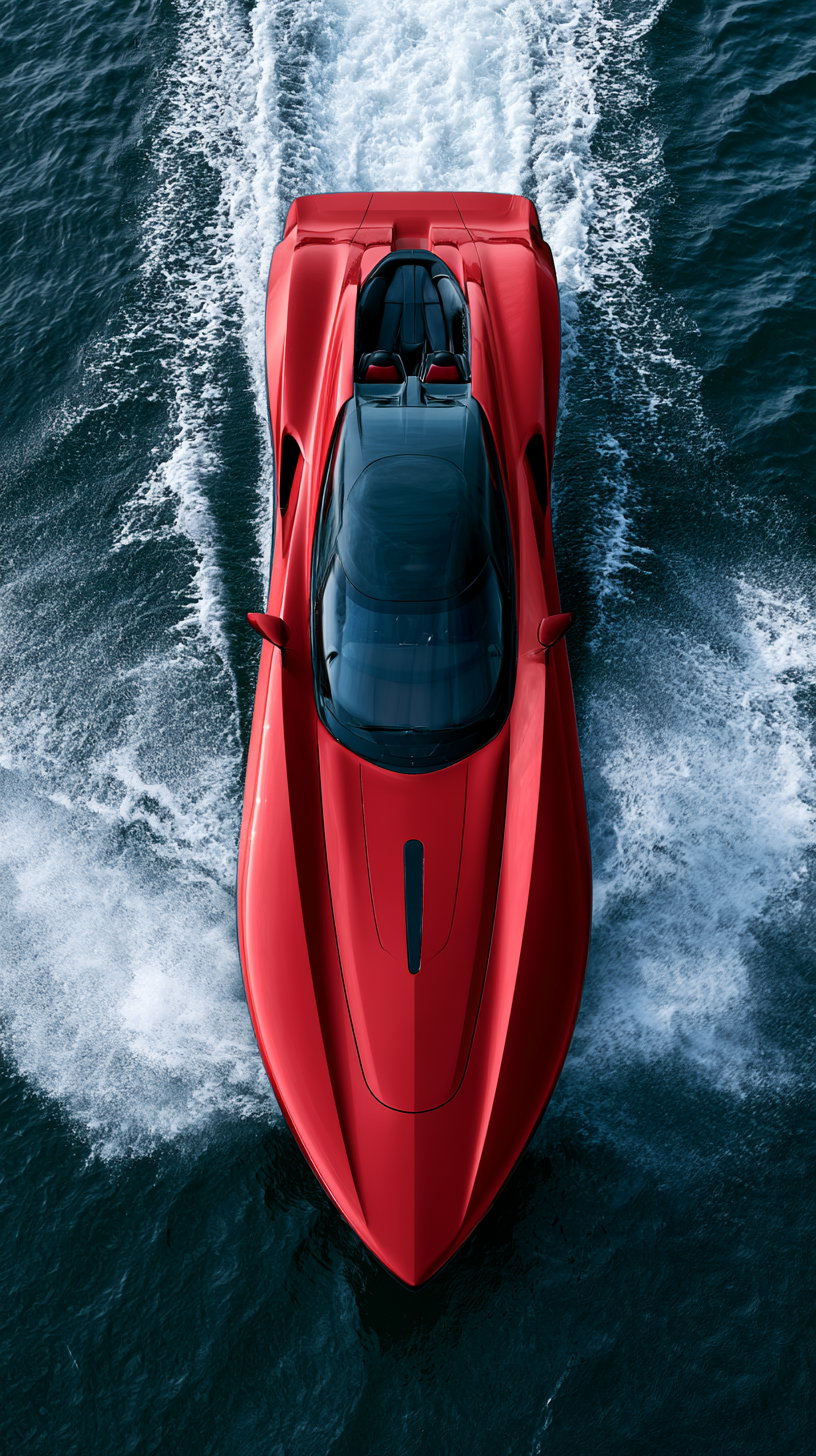 A top view of a red speedboat resembling a McLaren, cutting through blue water.