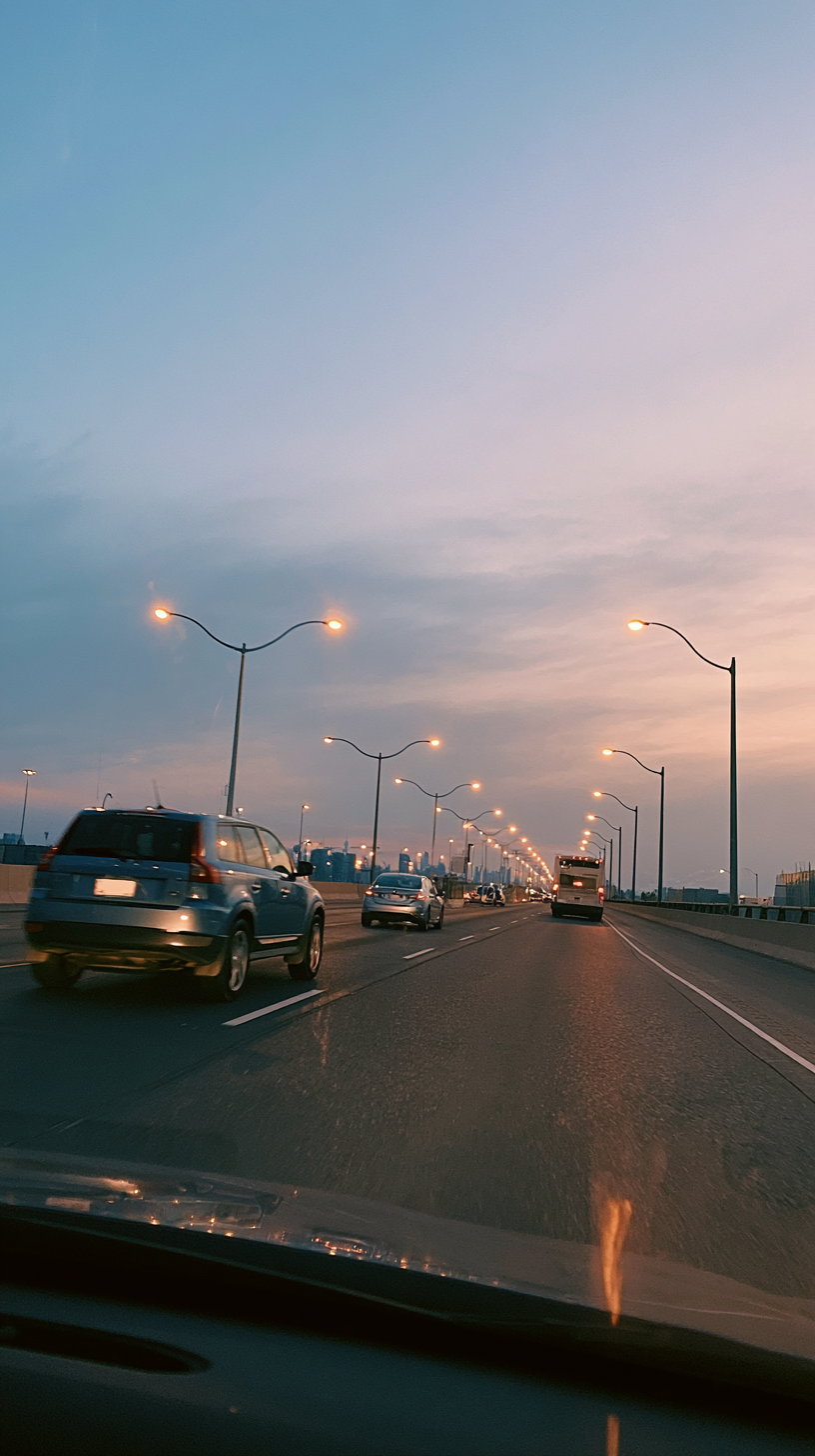 A view from inside a car on an elevated highway during dusk, showing several vehicles including an SUV, a silver car, and a city bus, with streetlights illuminating the road and a gradient sky transitioning from cool blue to warm orange.