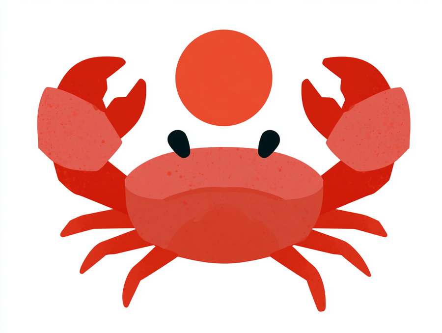 A red crab with large open claws, simple silhouette, isolated on a pure white background