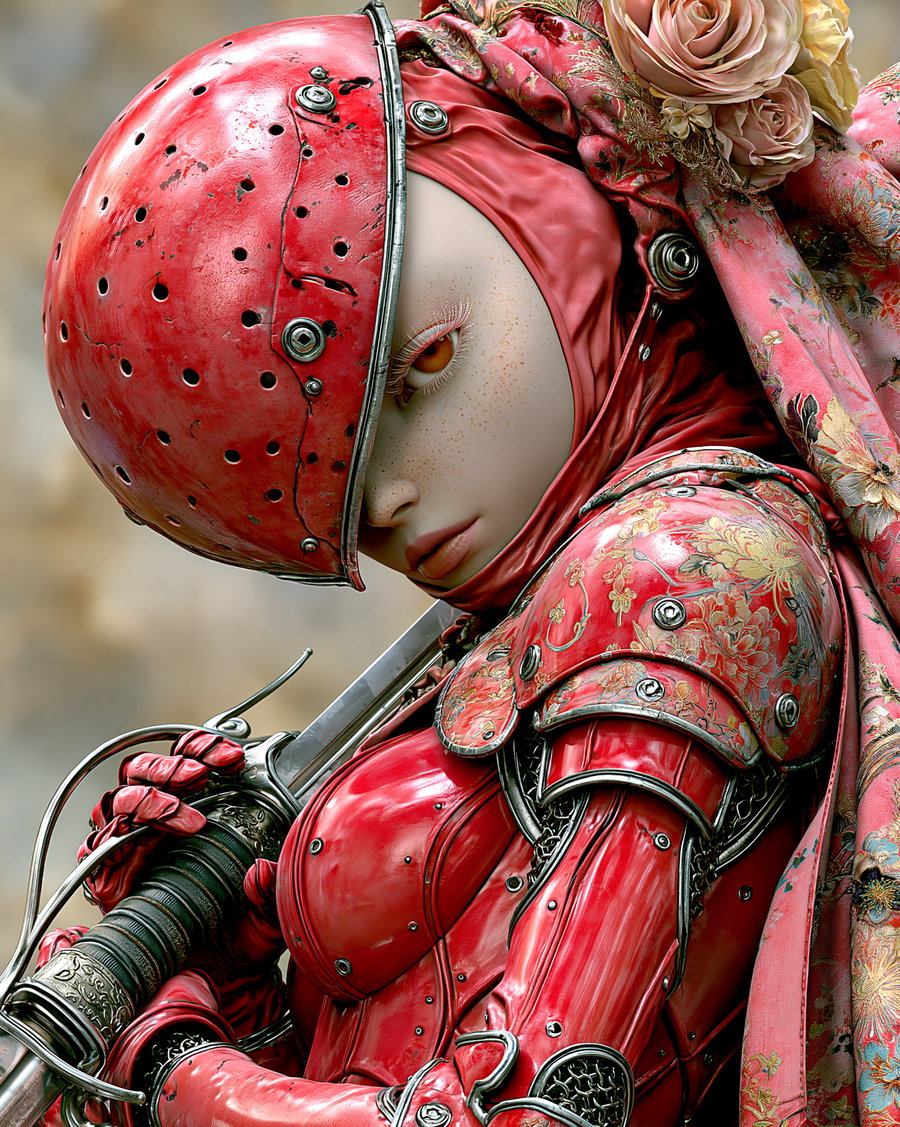A red knight in ornate armor with a saber, adorned with floral details.