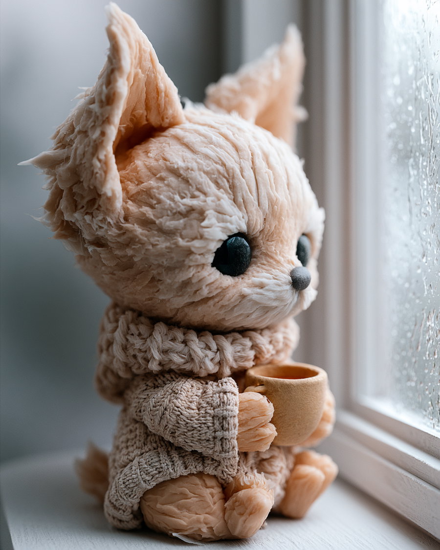 A scruffy little dog figure holding a cup, wearing a knit sweater, beside a rainy window.