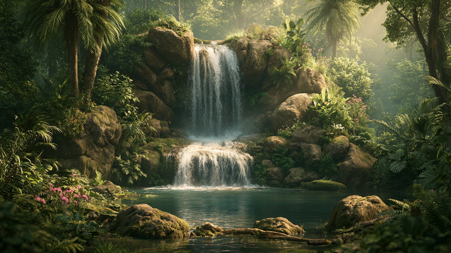 A serene waterfall cascading over rocks into a tranquil pool, surrounded by lush green foliage and tropical plants in a vibrant jungle.