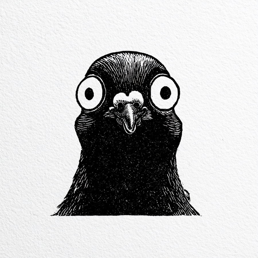 A simple black on white linocut of a scared pigeon head, front view, with large eyes.