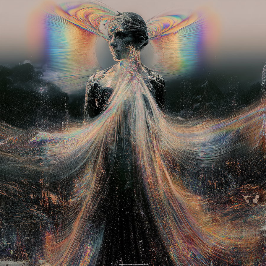 A single human figure in a white space, with iridescent light waves emanating from the chest, creating a flowing effect.