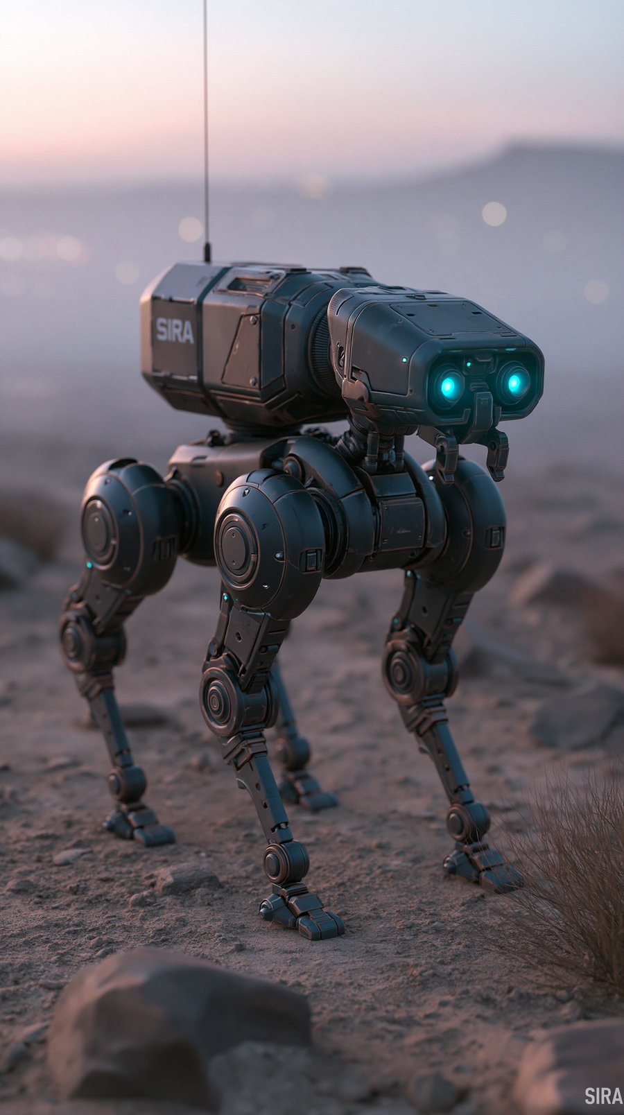 A sleek, quadrupedal robot with matte black armor and glowing cyan sensors stands on rocky desert terrain during twilight, with fog and a cinematic atmosphere.