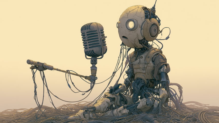 A retro robot sitting with tangled cables, looking confused. An oversized vintage microphone stands in front of it against a warm, desaturated background.