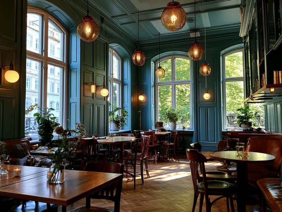 An empty restaurant featuring wooden tables and chairs, large windows with greenery outside, and classic Scandinavian design elements.