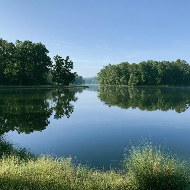 Serene Lake Reflections on a Clear Virginia Morning