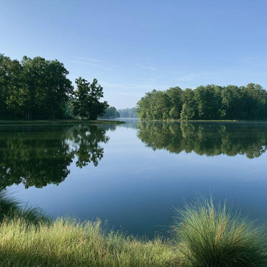 A calm lake reflecting trees and blue sky on a clear morning.