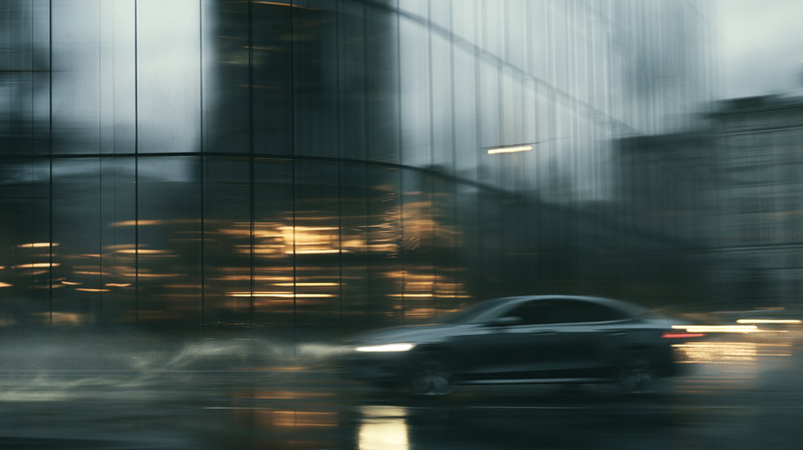 A dark graphite performance sedan speeding along a wet city road, reflected across modern glass building panels with distorted reflections. The car is partially visible at the bottom edge, with rotating wheels and water spray, creating an elegant graphic motion aesthetic.