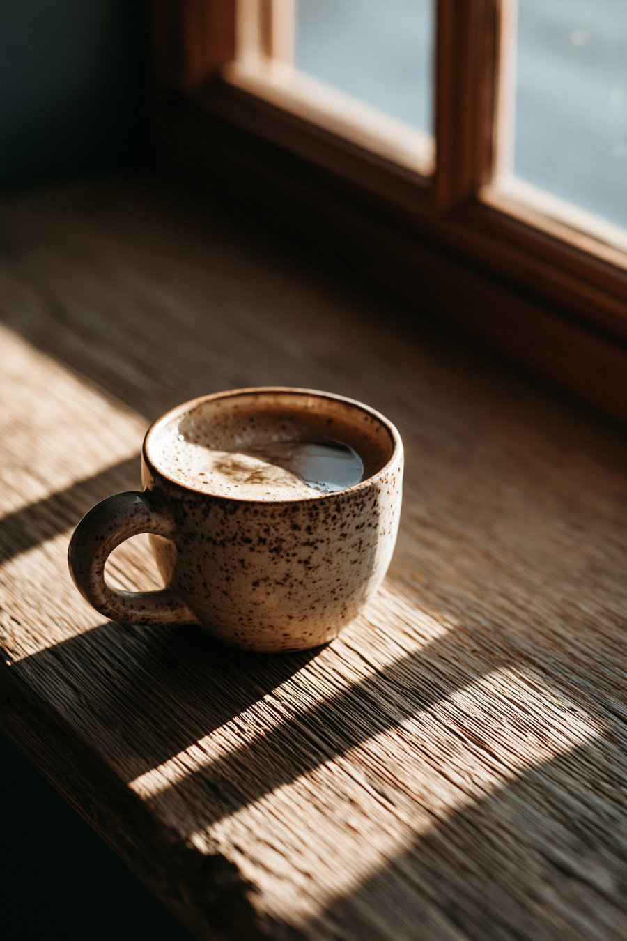 A speckled ceramic coffee cup sitting on a wooden table by the window, illuminated by warm golden sunlight creating long shadows.