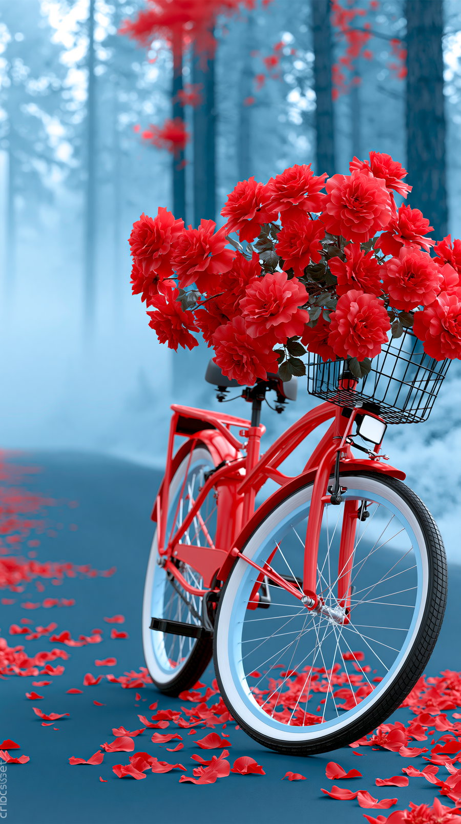 A bright red bicycle with a basket full of red roses on a dark path covered with rose petals, set in a misty forest.