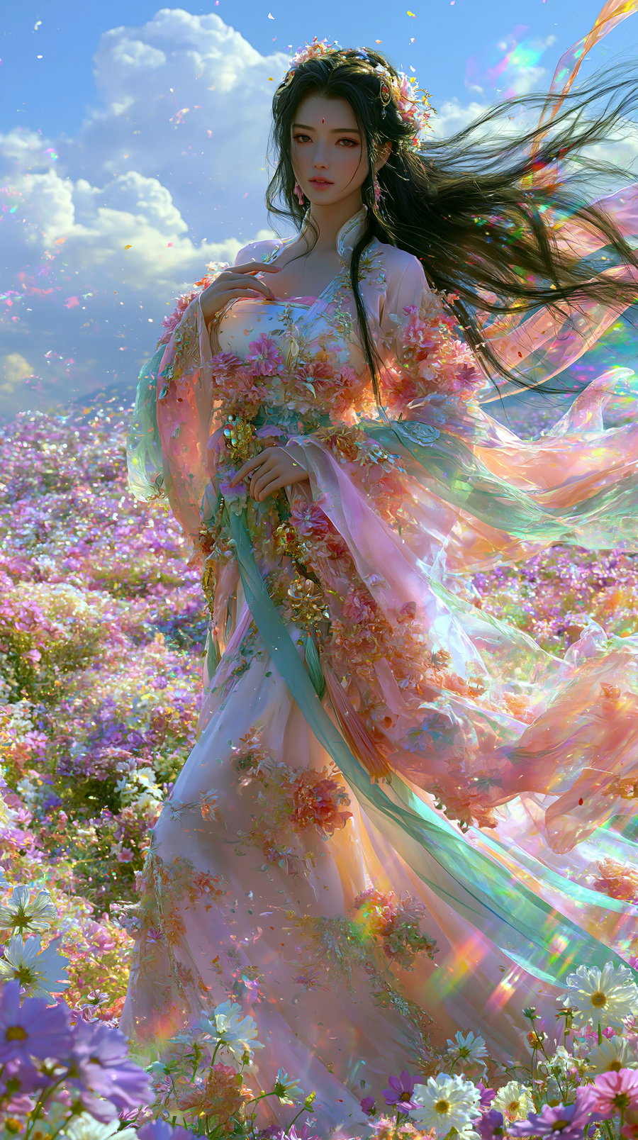 A stunning Eastern maiden in flowing Hanfu surrounded by a vibrant sea of flowers under blue skies and bright sunshine, with a gentle breeze in her hair.