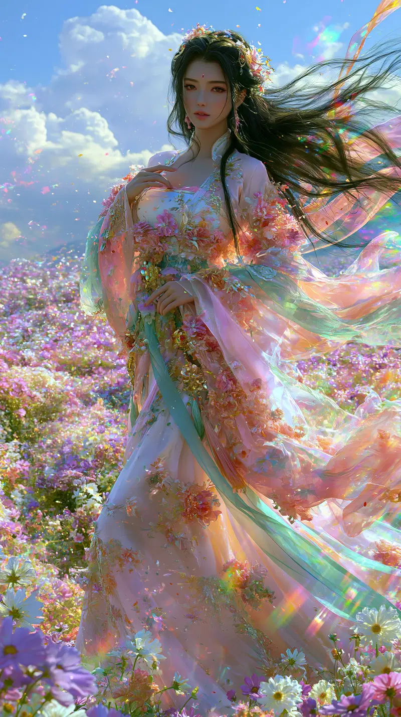 Eastern Maiden in a Flower Field with Dreamy Lighting