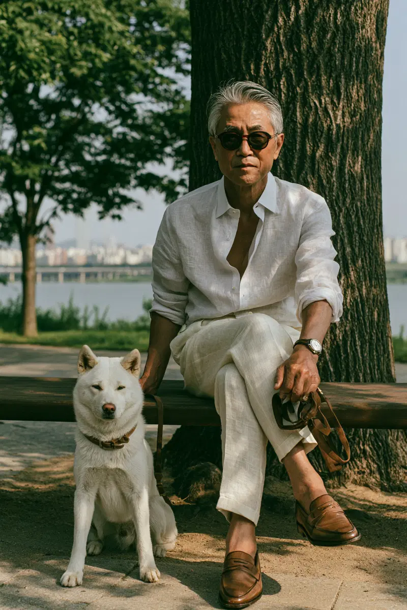 Elegant Summer Scene with a Korean Gentleman and His Dog