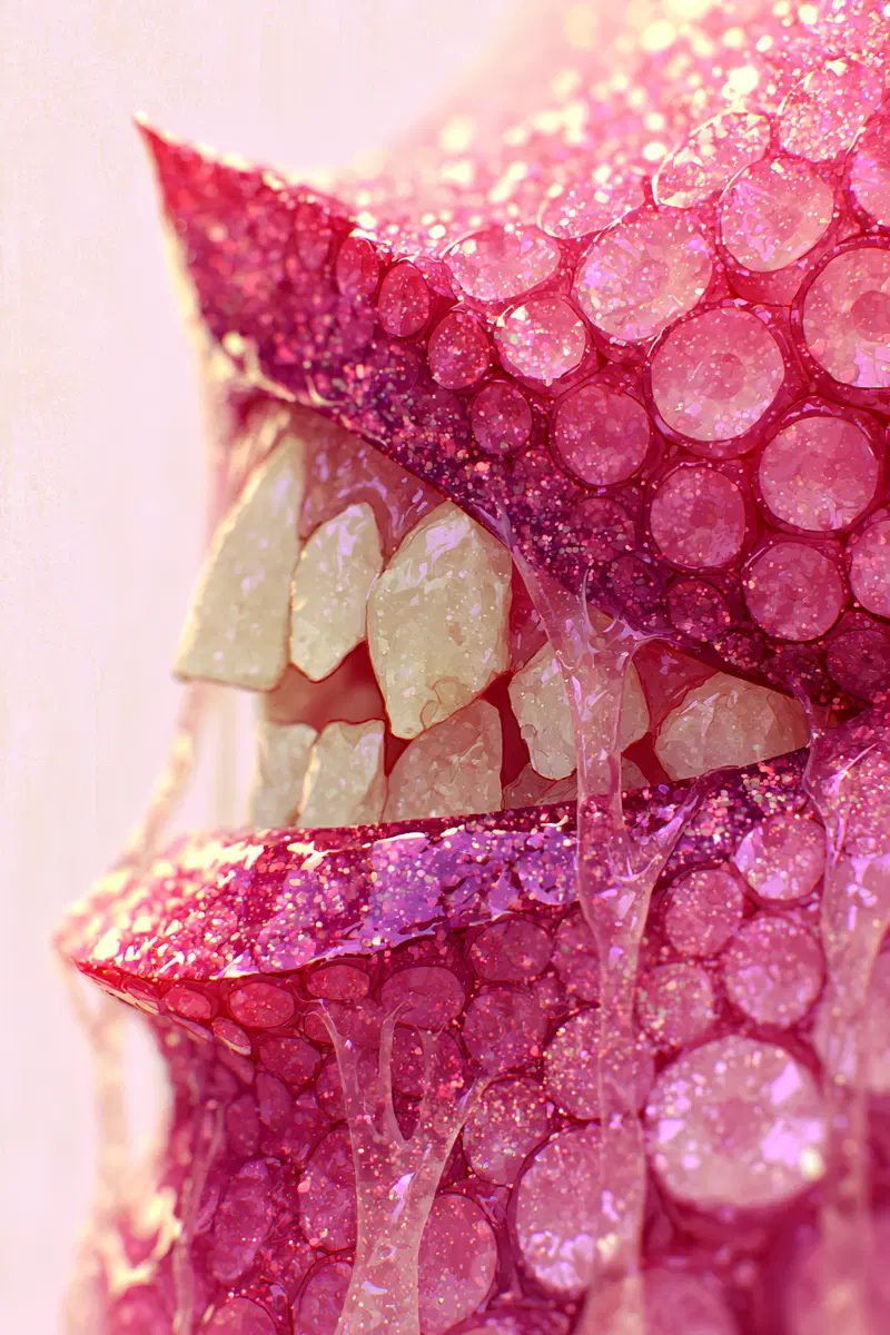 A surreal mouth with octopus-like suction formations in pink hues