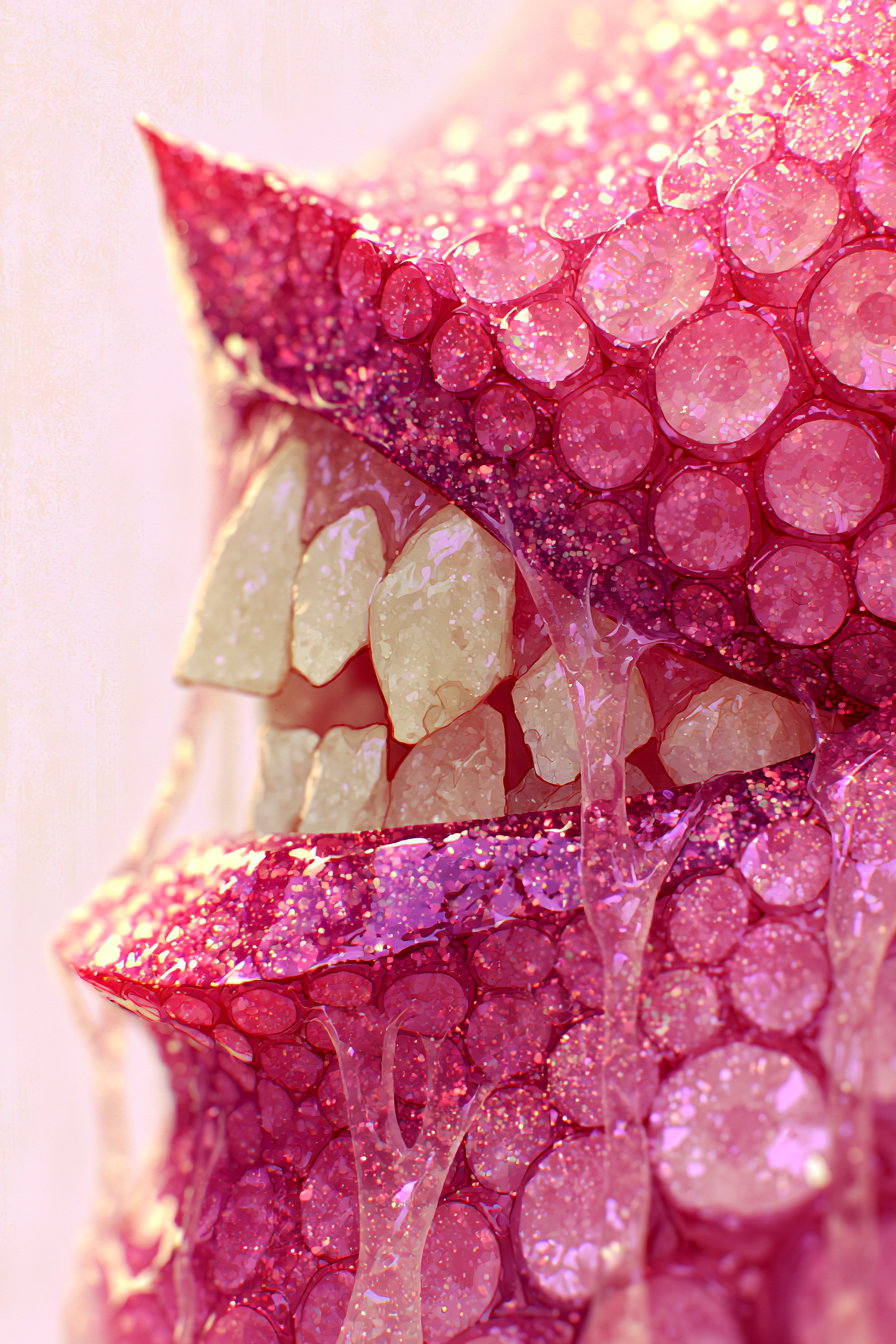 Close-up of a stylized mouth with light-colored, irregular teeth, surrounded by circular pink formations resembling octopus suckers. The surface appears wet and shiny with glittery flecks, and slimy, translucent strands connect the mouth and formations against a soft pink textured background.