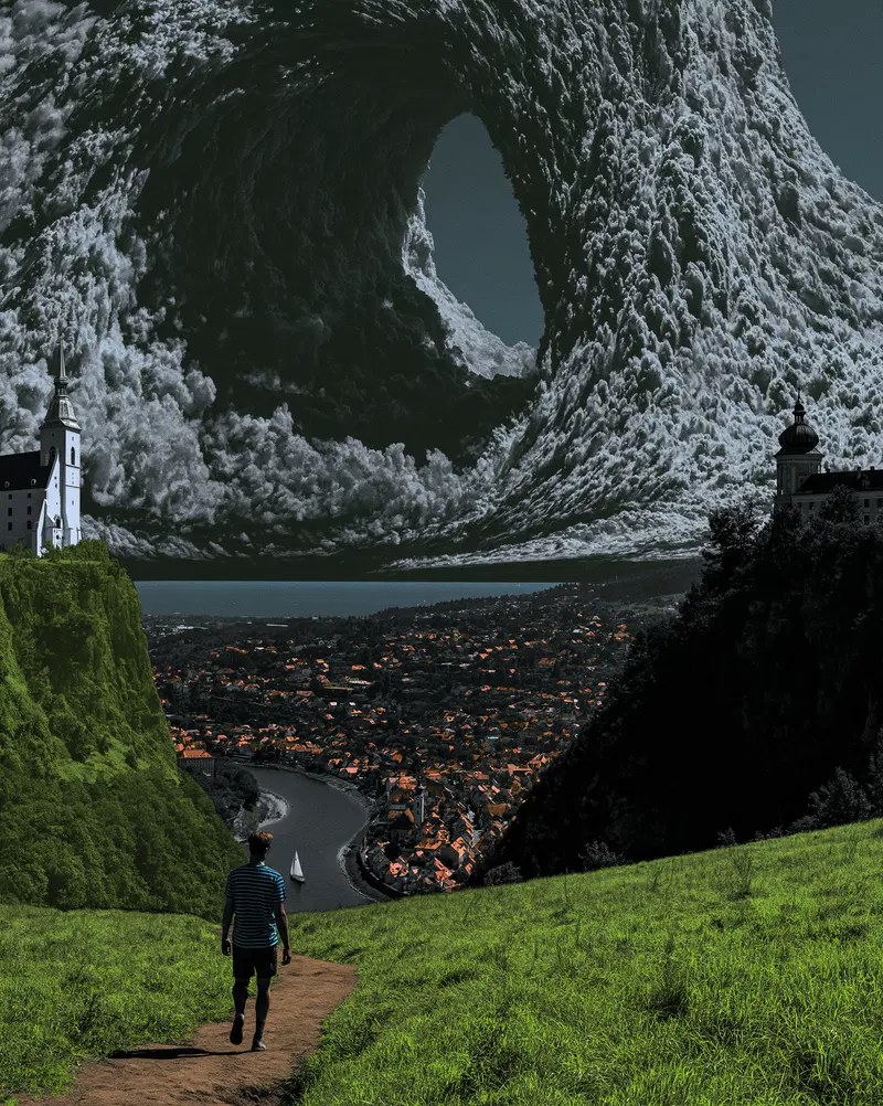 Surreal Landscape with Vibrant Town and Dramatic Clouds