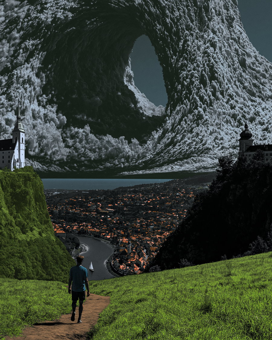 A surreal landscape featuring a large wall of clouds curving upwards over a vibrant town and river valley. On the left, a white castle with a tall steeple is on a green cliff, and on the right, a domed building sits on a dark, forested cliff. A winding river passes through the town with red-roofed houses, and a person walks on a dirt path in a grassy field.